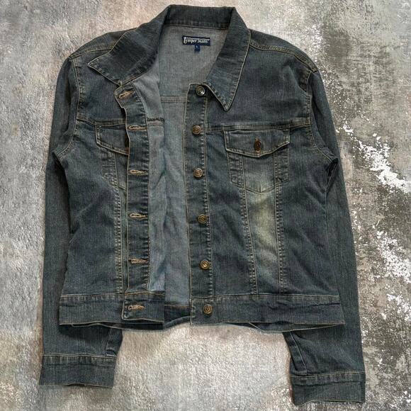 Y2K Dark Wash Denim Jacket. Spring Summer Temper Jeans Faded Size Large. - Picture 2 of 5